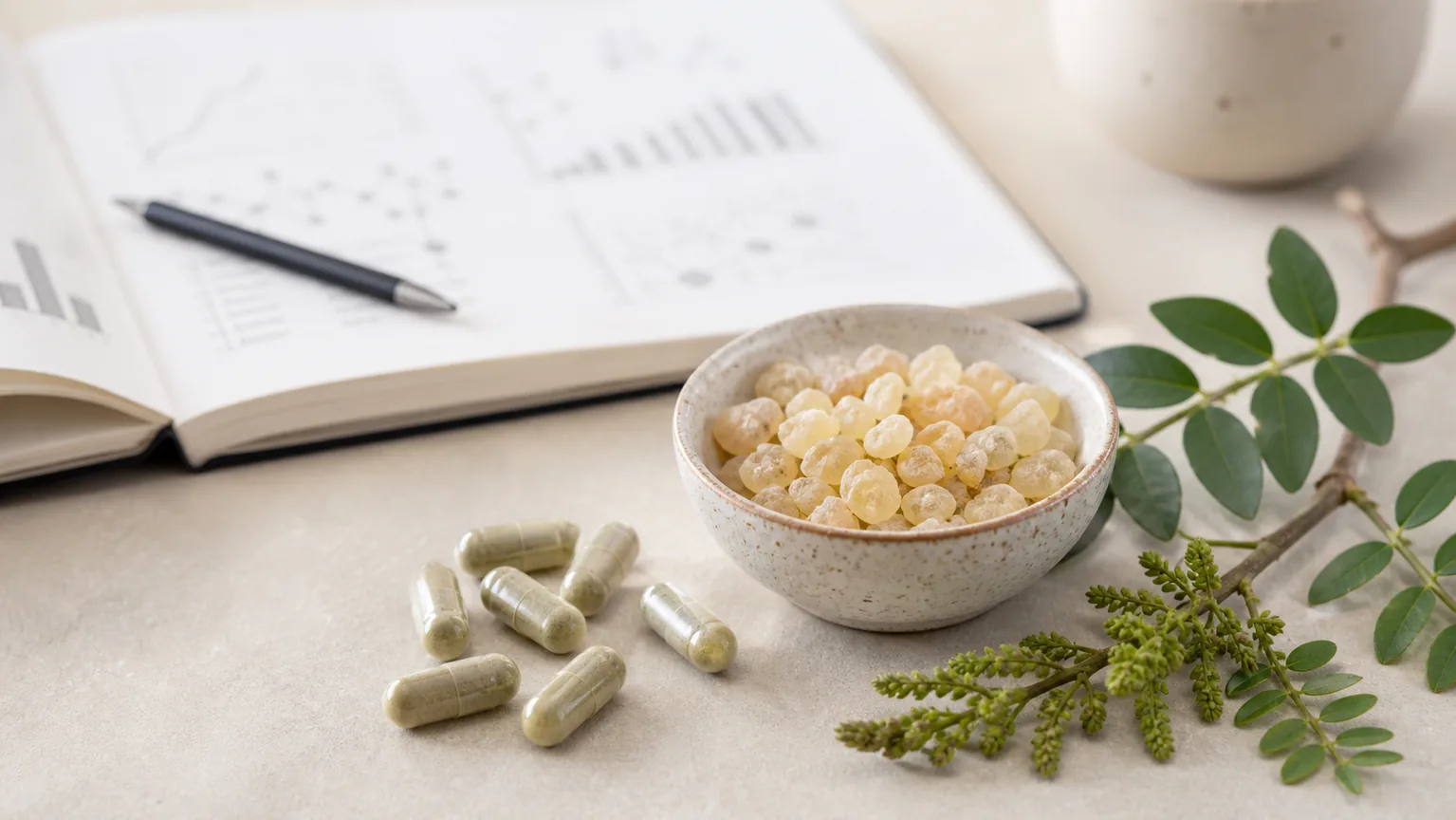 Boswellia-Harz, Kapseln und Forschungsnotizen zur wissenschaftlichen Einordnung [Bildinhalt mit KI erstellt]