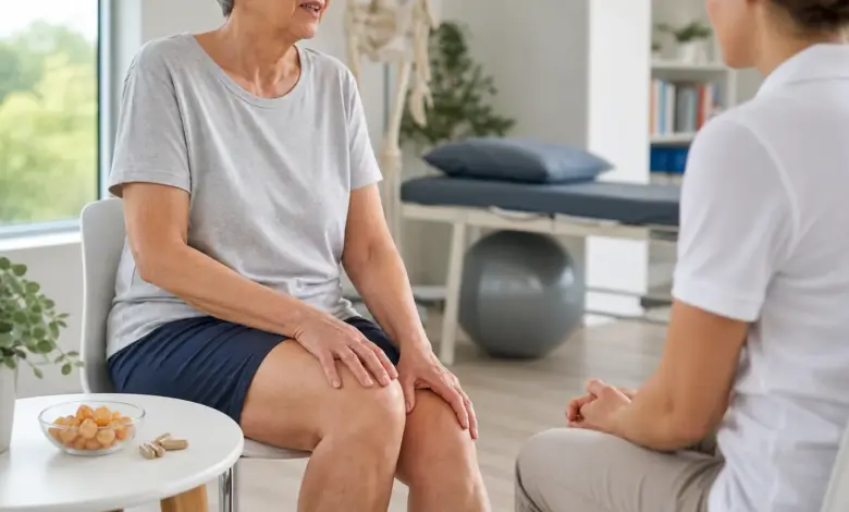 Ältere Patientin im Gespräch über Arthrose und Kniebeschwerden [Bildinhalt mit KI erstellt]