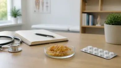 Boswellia-Harz und unbeschriftete Tabletten in einer Arztpraxis [Bildinhalt mit KI erstellt]