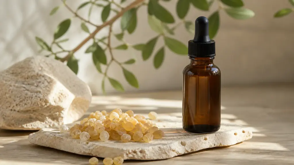 Neutrale Braunglasflasche mit Weihrauchöl und Boswellia-Harz [Bildinhalt mit KI erstellt]