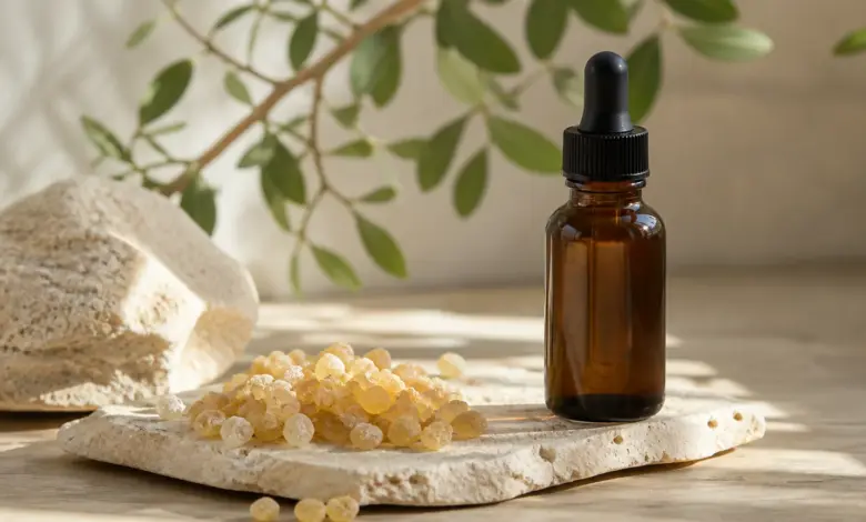 Neutrale Braunglasflasche mit Weihrauchöl und Boswellia-Harz [Bildinhalt mit KI erstellt]