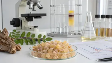Weihrauchharz im Labor mit Mikroskop und Analysegeräten [Bildinhalt mit KI erstellt]